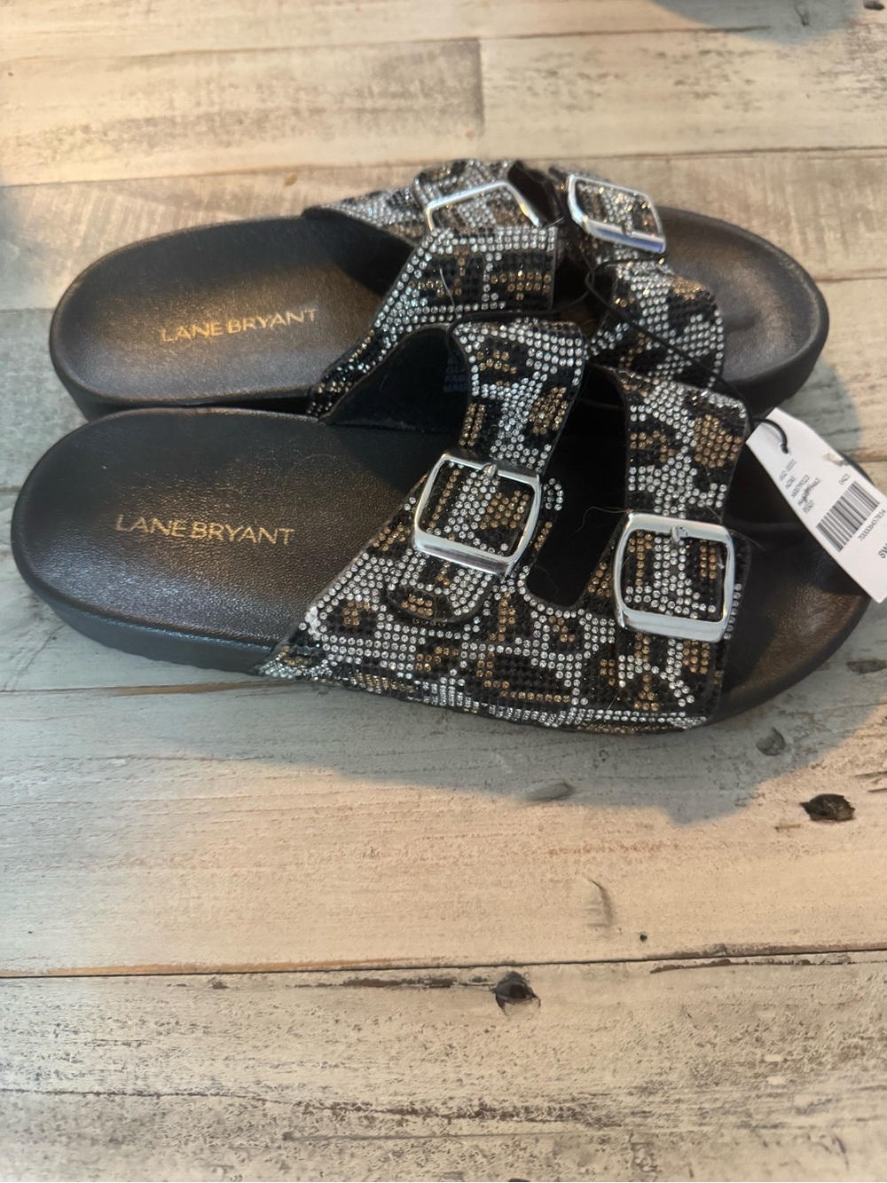 Lane Bryant Black Leopard Rhinestone Buckle Slide Sandals